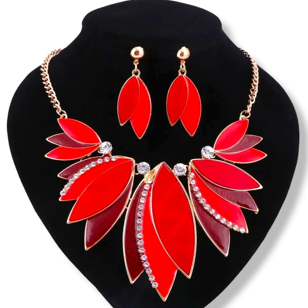 18K gold plated red crystal leaf necklace earrings set
